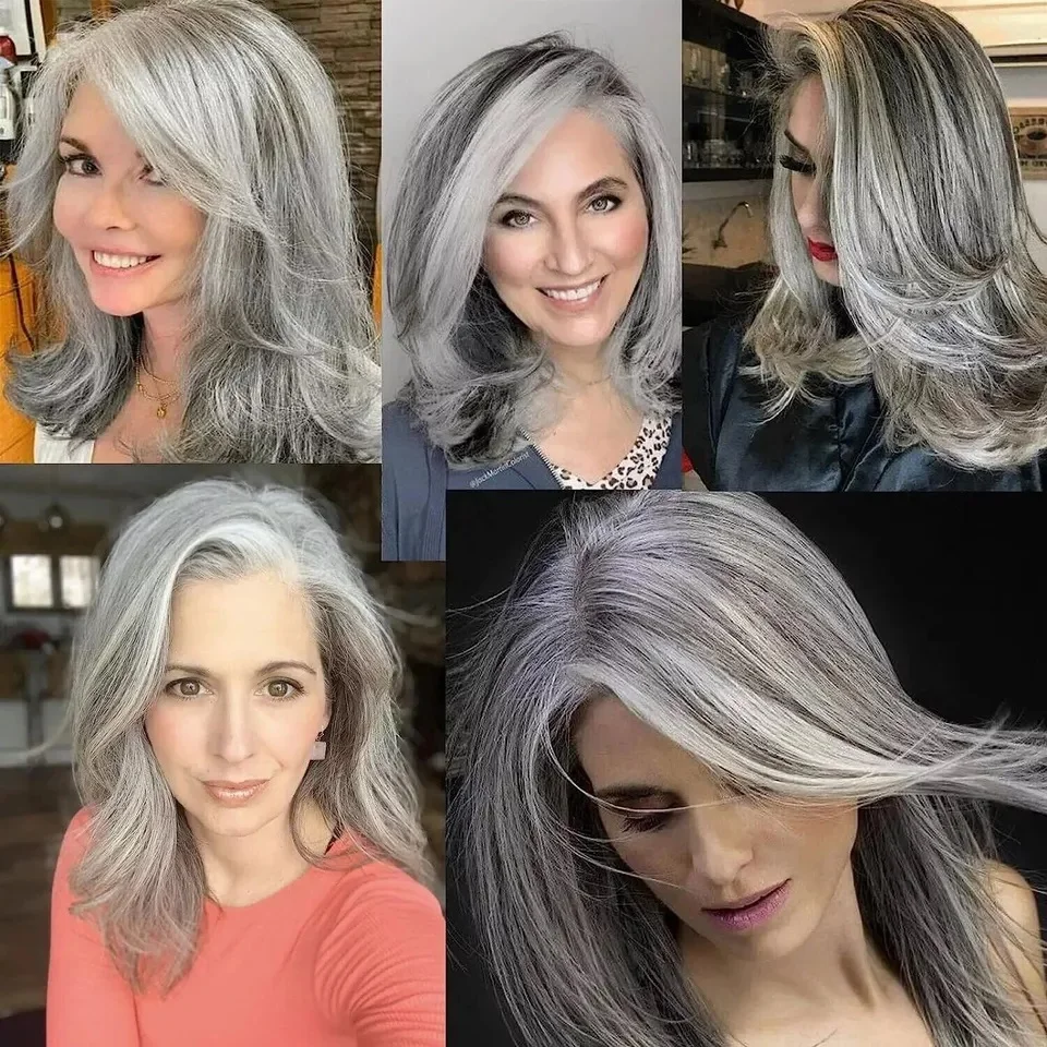 Silvery Gray Ombre Layered Wigs with Curtain Bangs for Women Synthetic Short Light Grey Wig Layered Gray Wavy Bob Wig Highlight image 6