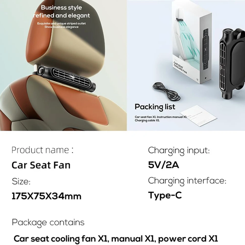 Electric Car Fans for Rear Seat Passenger Portable Fan Headrest Backseat Car Fan 1.5M Type-c Charge 5V 2A Fan with Three Speed