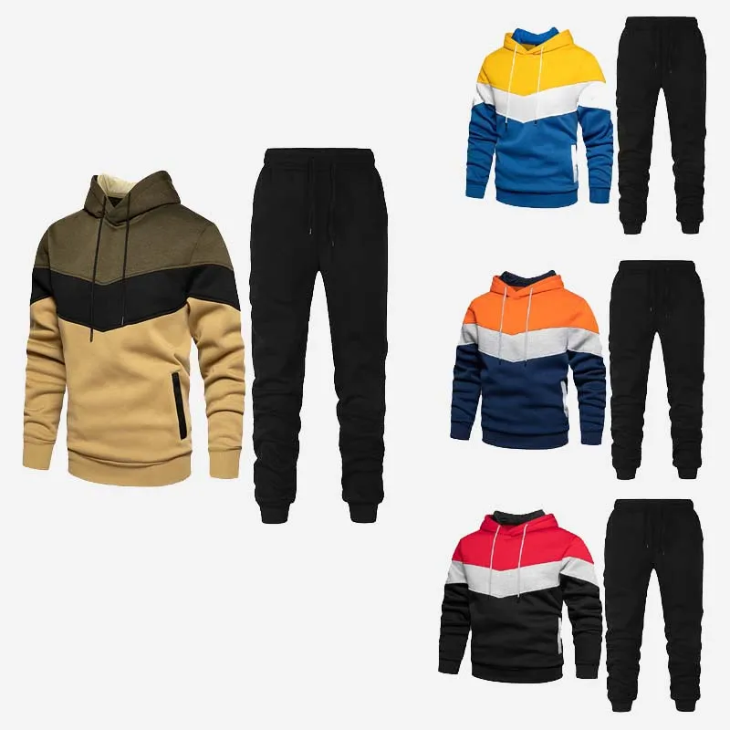 Men's sports suit trendy casual autumn and winter splicing hooded sweatshirt sports pants two-piece set