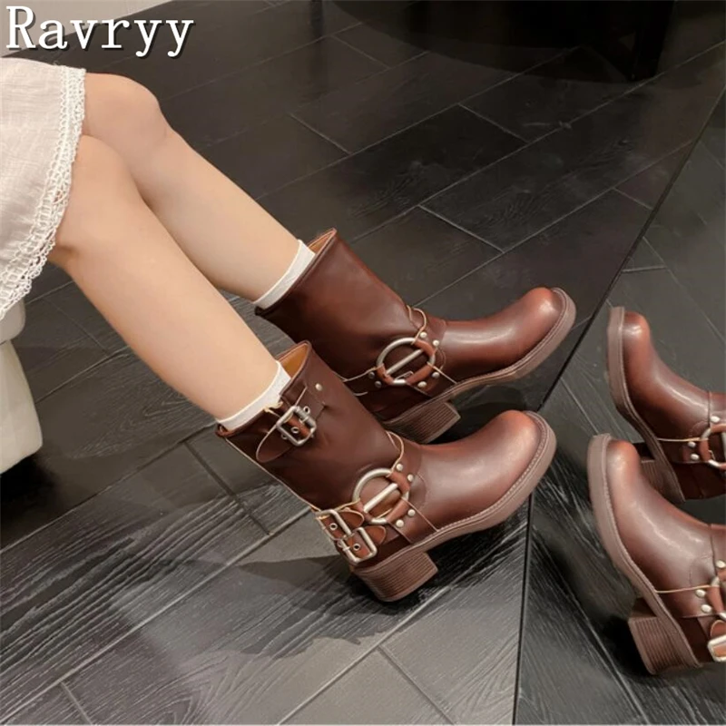 Women Vintage Thick Sole Short Boots Square Toe Belt Buckle Thick Heels Casual Office Party Female Autumn Winter Ankle Boots