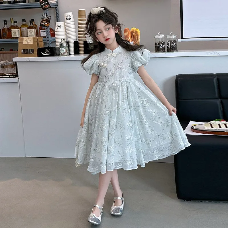 2025 Korean Summer Teenager Girl One-piece Dress School Girl Bubble Sleeve Flower Embroidery Dress Junior Girl Cheongsam Dress