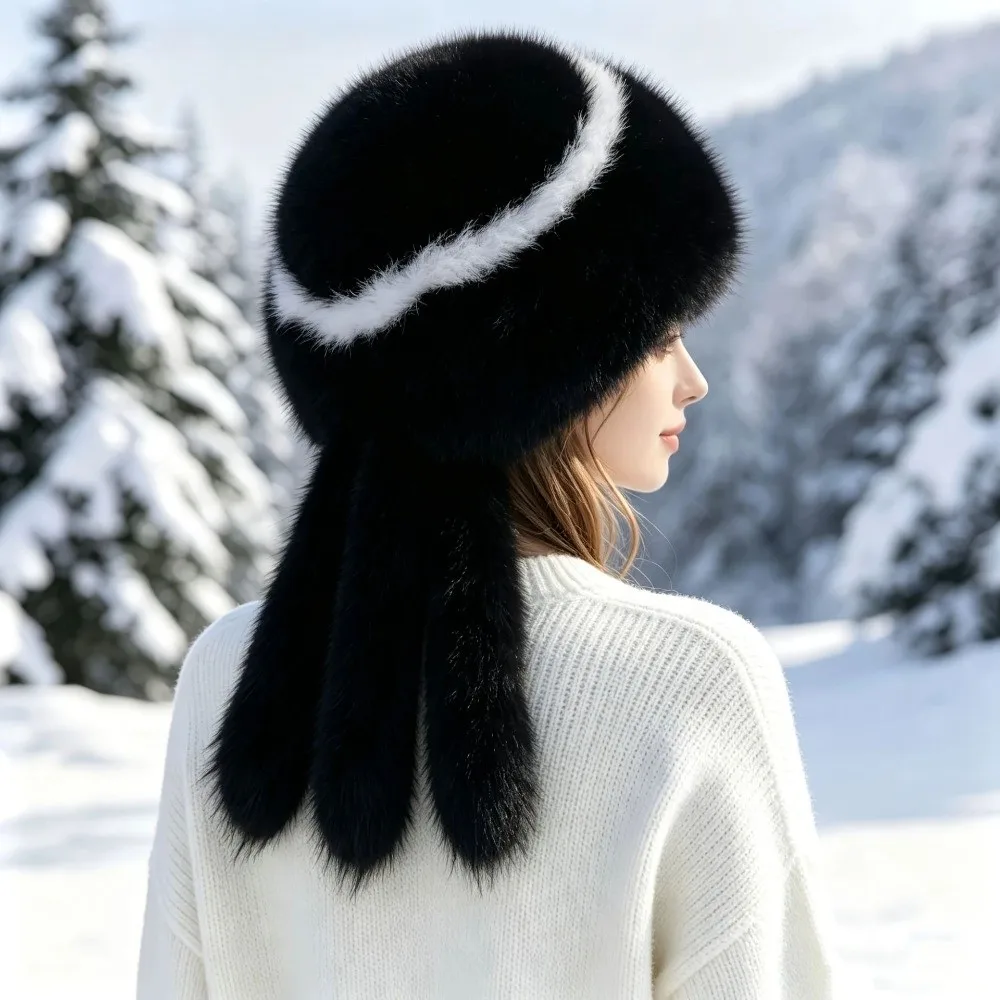 Soft Thickened Bucket Hat Cold-Proof Ear Protection Russian Fur Cap with Short Tails Warm Fur Hat Winter