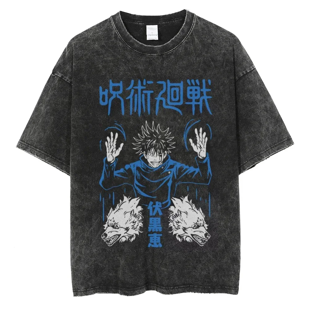 

2025 Vintage Anime Printed Washed T-shirt Men Women Cotton T Shirt Hip Hop Streetwear Crew Neck Retro Short Sleeve Tees Tops