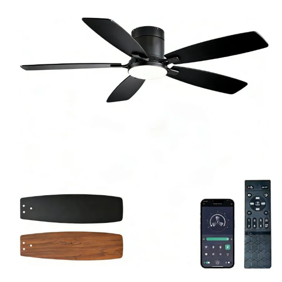 Bedroom ceiling fan with light: 52-inch low-profile flush mount, dimmable LED, DC reversible motor, modern design, white finish