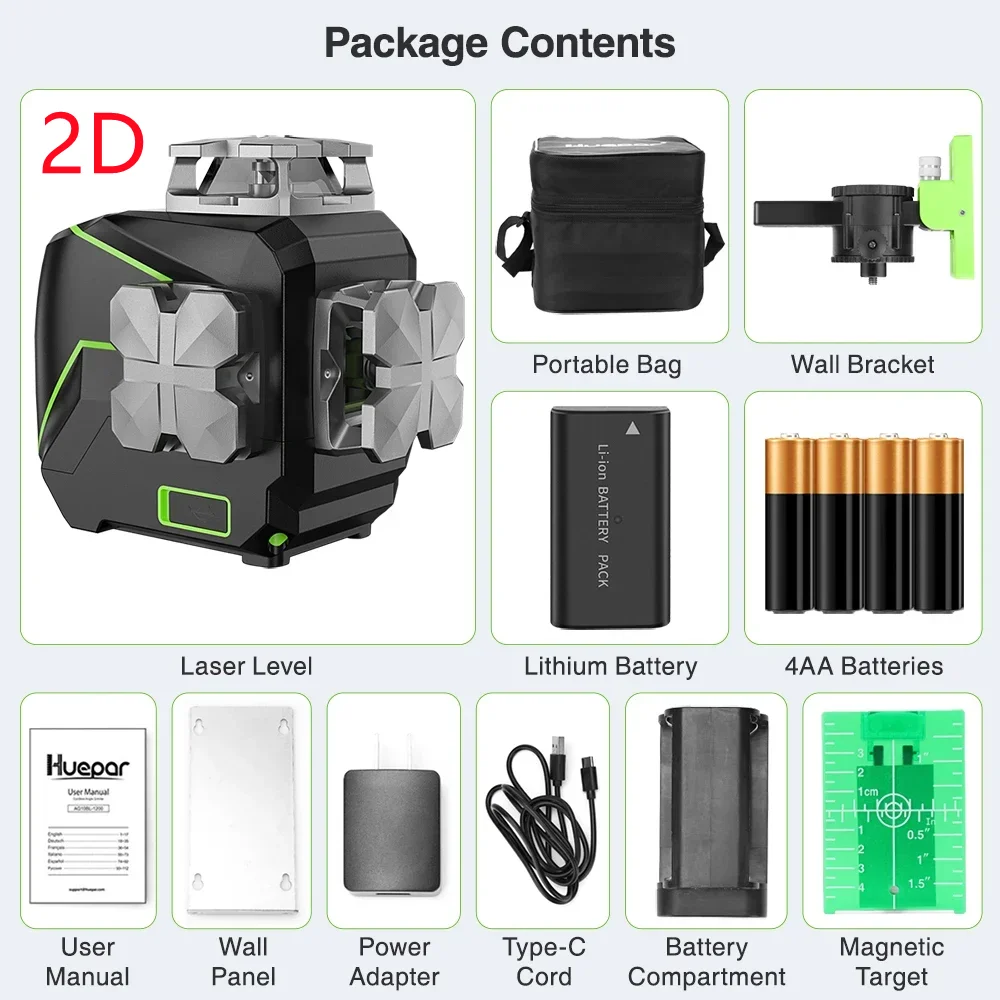 Imagem -06 - Huepar-nível Laser com Tripé Receptor Feixe Verde Auto-nivelamento Horizontal e Vertical 360 ° Linha Cruzada 2d Linhas Osram
