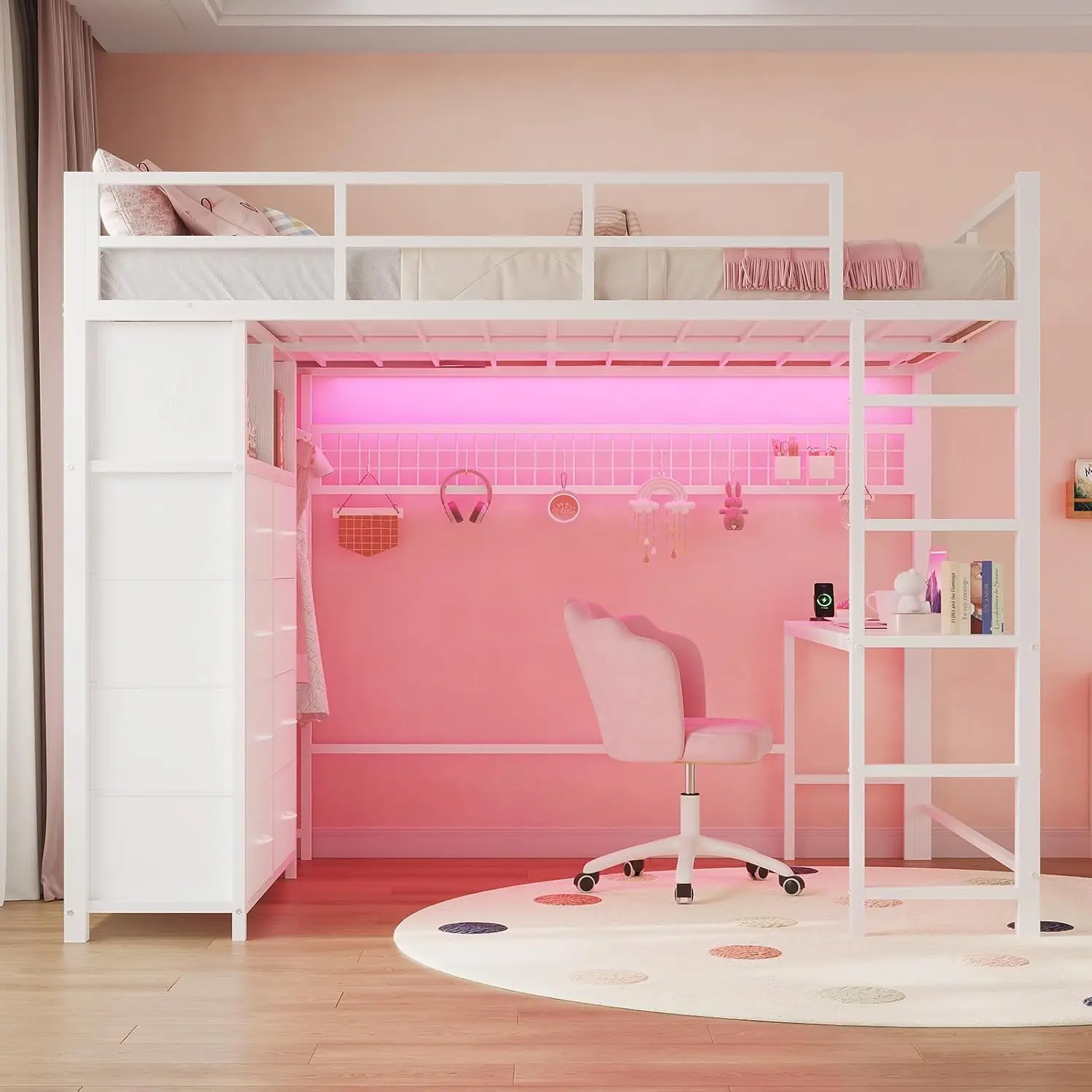 Loft Bed Full Size with Desk and 8 Storage Drawers, LED Metal Loft Bed with Power Outlet, 2 Shelves & Clothing Rack,