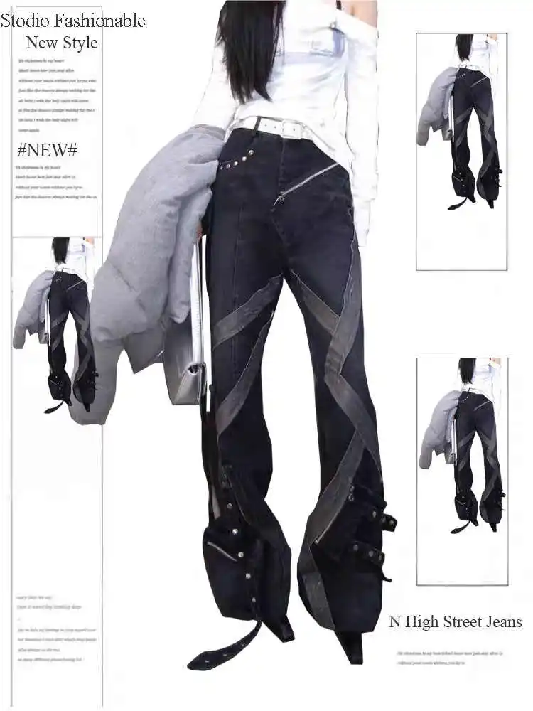 Women's Low Rise Dark Academia Jeans Designer Denim Cargo Pants Gothic Goblin Core Y2K Harajuku Cowboy High Street Streetwear