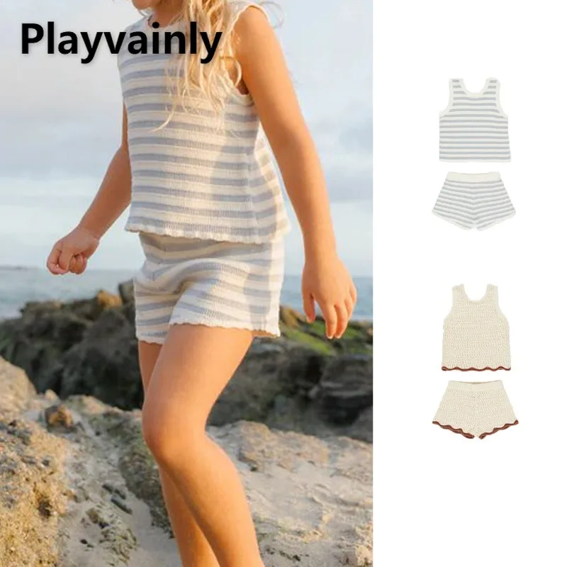 

New Summer Kids Girls 2pcs Sets Blue Stripe Apricot Cute Lace Round Neck Sleeveless Knitted Vest+Shorts Baby Clothes A25886