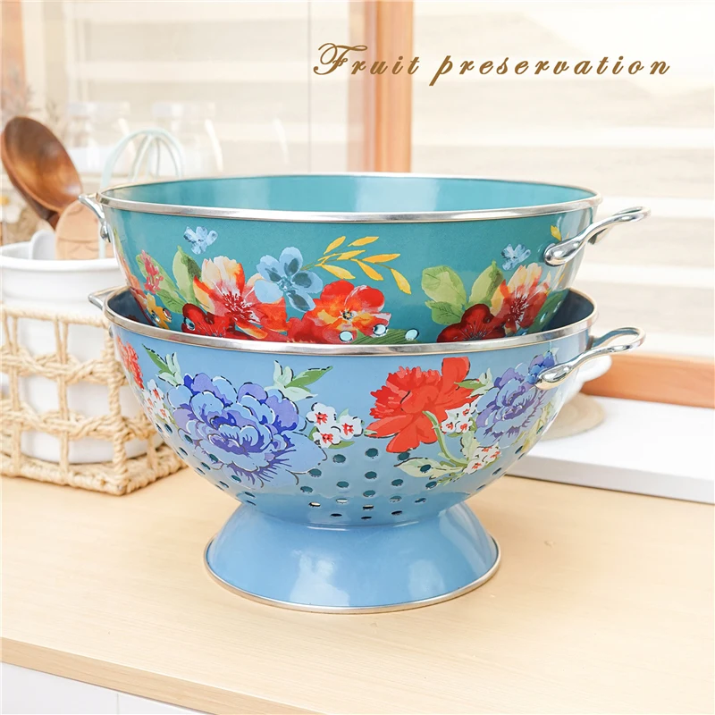 Enamel Storage Basket American Flower Printing Fruit Drainer Basket Home Kitchen Storage Organizer Large Capacity Enamel Tray