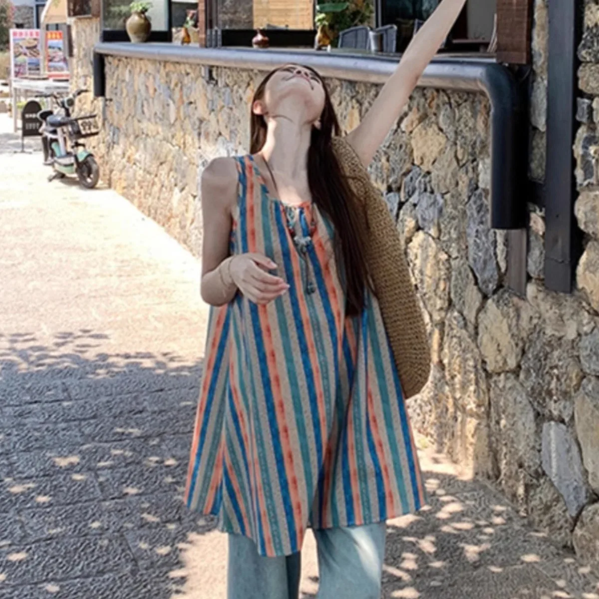 سترة نسائية صيفية بتصميم فريد من نوعه ميدي دكتور مخططة بألوان متباينة Dr Commute Sle مستديرة Ne A-Line