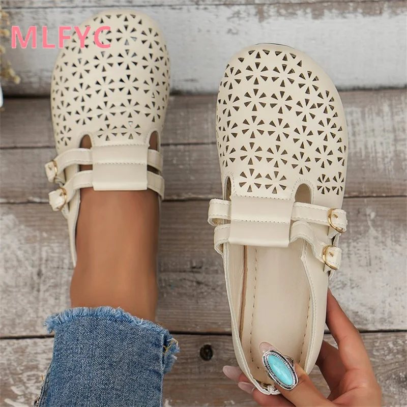 Women Spring Summer New Flat Bottom Hollow Breathable Shoes Fashion Soft Bottom Lazy Man Baotou Slippers Ladies Single Shoes