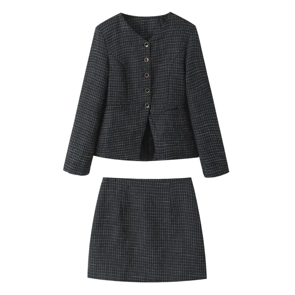 2024 French Style Retro V collar Plaid Woven Tweed Blazer + High Waist Mini Short Skirts Suits 2 pieces 1 Set Black White