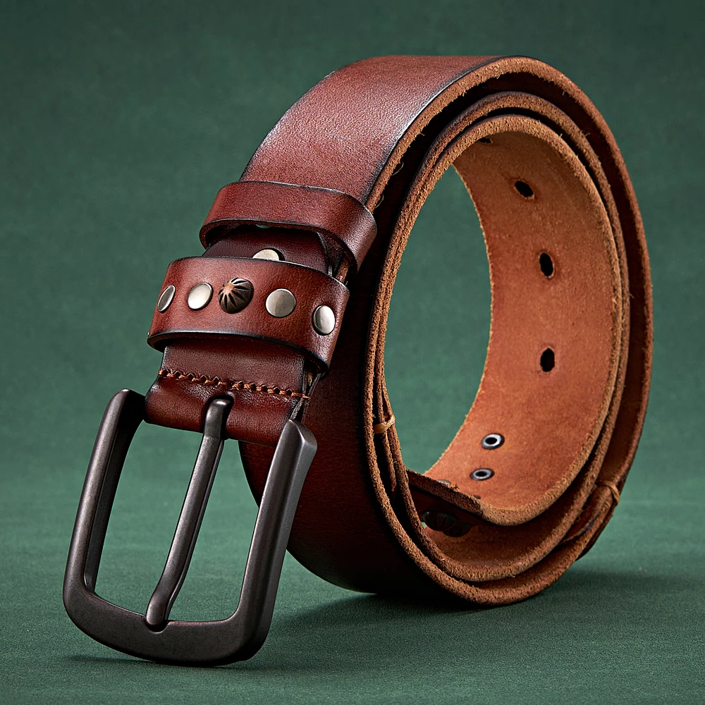 3.8CM Real Cowskin Genuine Leather Belt Retro Skull Punk Rivet Belt For Man Cowboy Male Designer Exclusive Strap For Jeans view 4