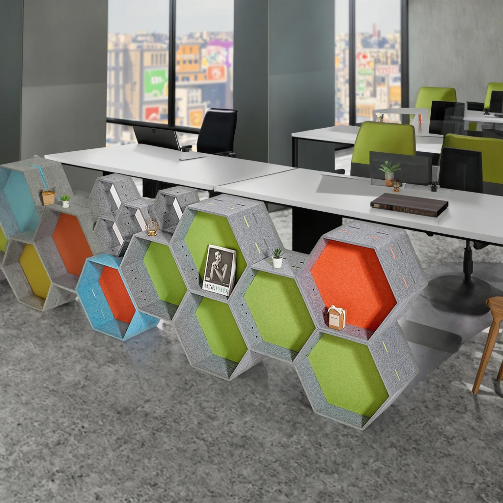 ScreenOfisolution Modern Decorative Polyester Hexagon Acoustic Space Divider Modern Decorative Storage Acoustic Office Partition
