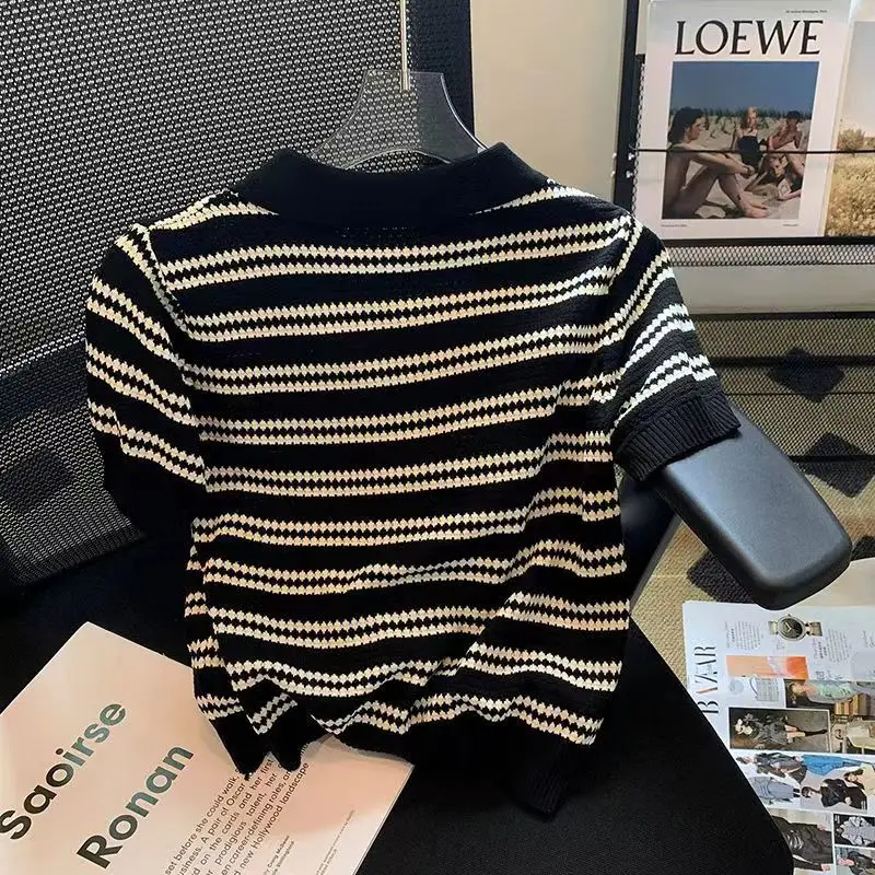 Summer Female Stripe Knitted Polo Collar Tops Woman Hollow Out Short Sleeve T-shirt for Women Hollow Out Elegant Knit Shirt Q419