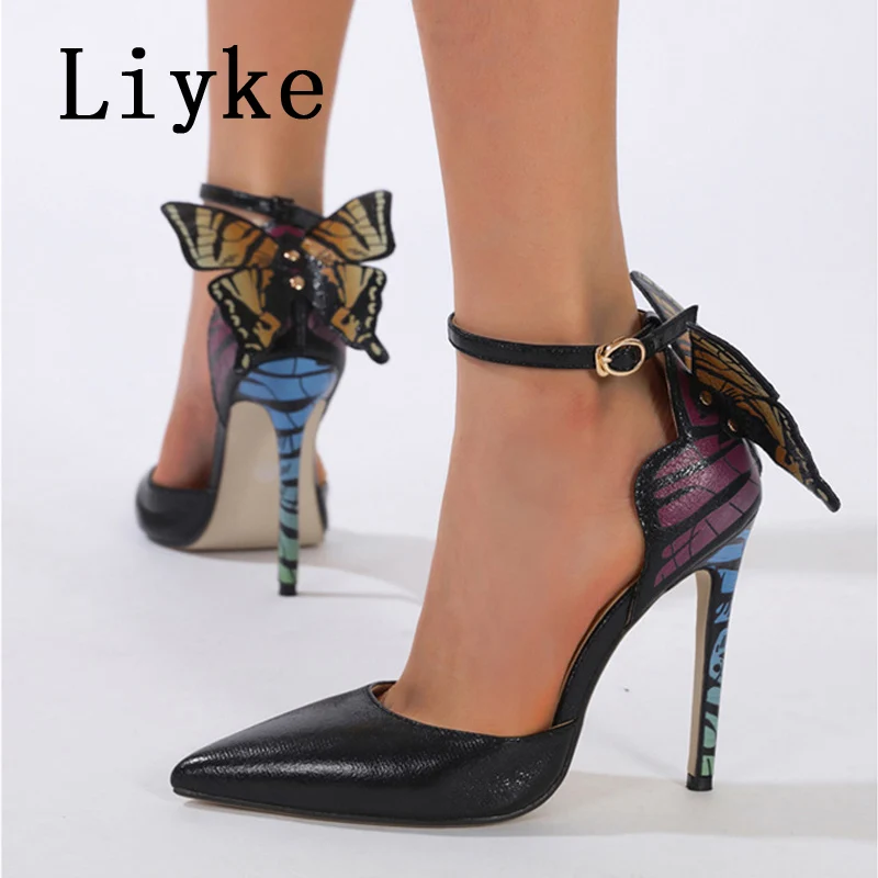 Liyke Fashion Design Big Butterfly Women Pumps Cozy Leather Pointed Toe Wedding Banquet Shoes High Heels Mules Stiletto Sandals