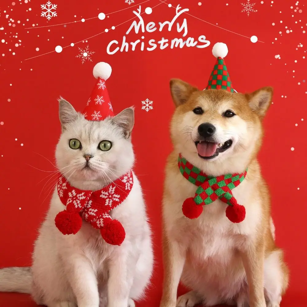 

Hand-woven Cat Snowflake Plaid Scarf Adjustable Warm Pet Knitted Snowflake Scarf Comfortable Soft Dog Christmas Plaid Hat