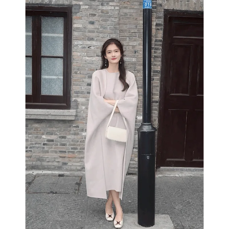 

Korea Woolen Two Piece Set Women Dress Without Sleeve Coat Chic Loose Overgarment Autumn Winter