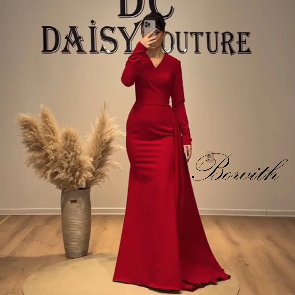 

Bowith Modest Red V-Neck Long Sleeves Evening Dresses Mermaid Floor-Length Satin Long Prom Gown Party Dress for Special Occasion