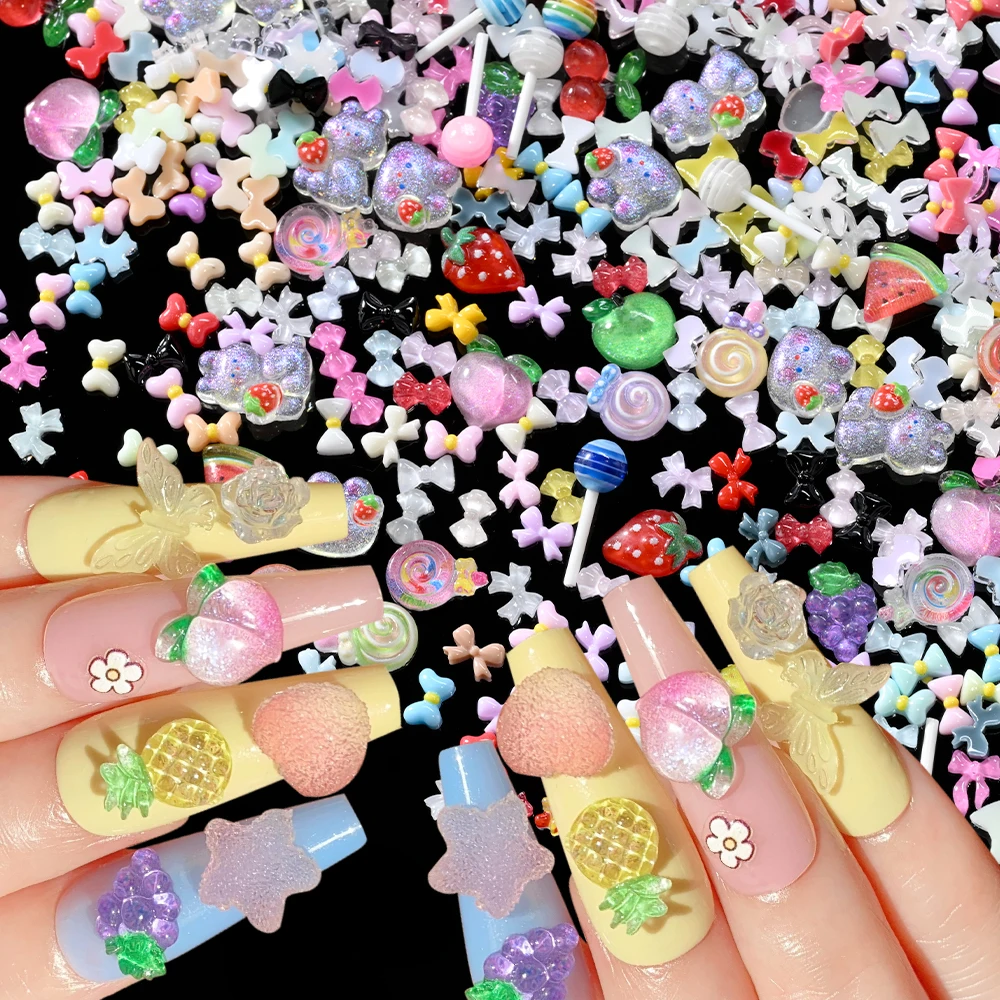 12 Griglie 3D Kawaii Mini Bowknot Resina Nail Art Fascino Ghiaccio Trasparente Lecca-lecca Coniglio Frutta Unghie Strass Carino Papillon Manicure