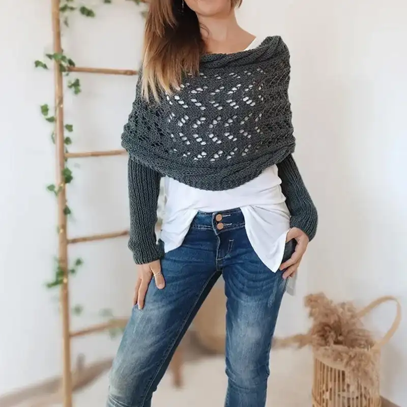 Damen Wickel Stricks chal mit Ärmeln aushöhlen lange Doppel ärmel Cape Neck Stricks chal elegante Schals Umhang für Herbst Winter