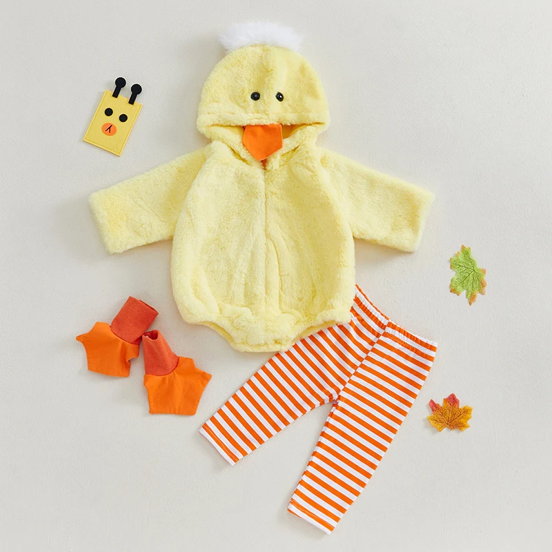 Baby Duck Halloween Costumes Cute Infant Toddler Girl Boy Duck Costumes Cape Sleeve Fuzzy Romper+Striped Leggings