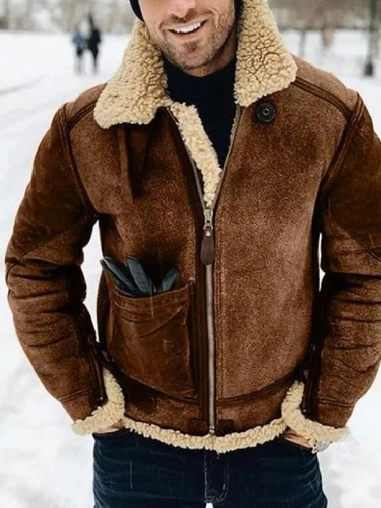 Men's Winter Thickened Suede Jacket Artificial Fur Integrated Coat Warmth Color Block Design Long Sleeve Zipper Closure Coat
