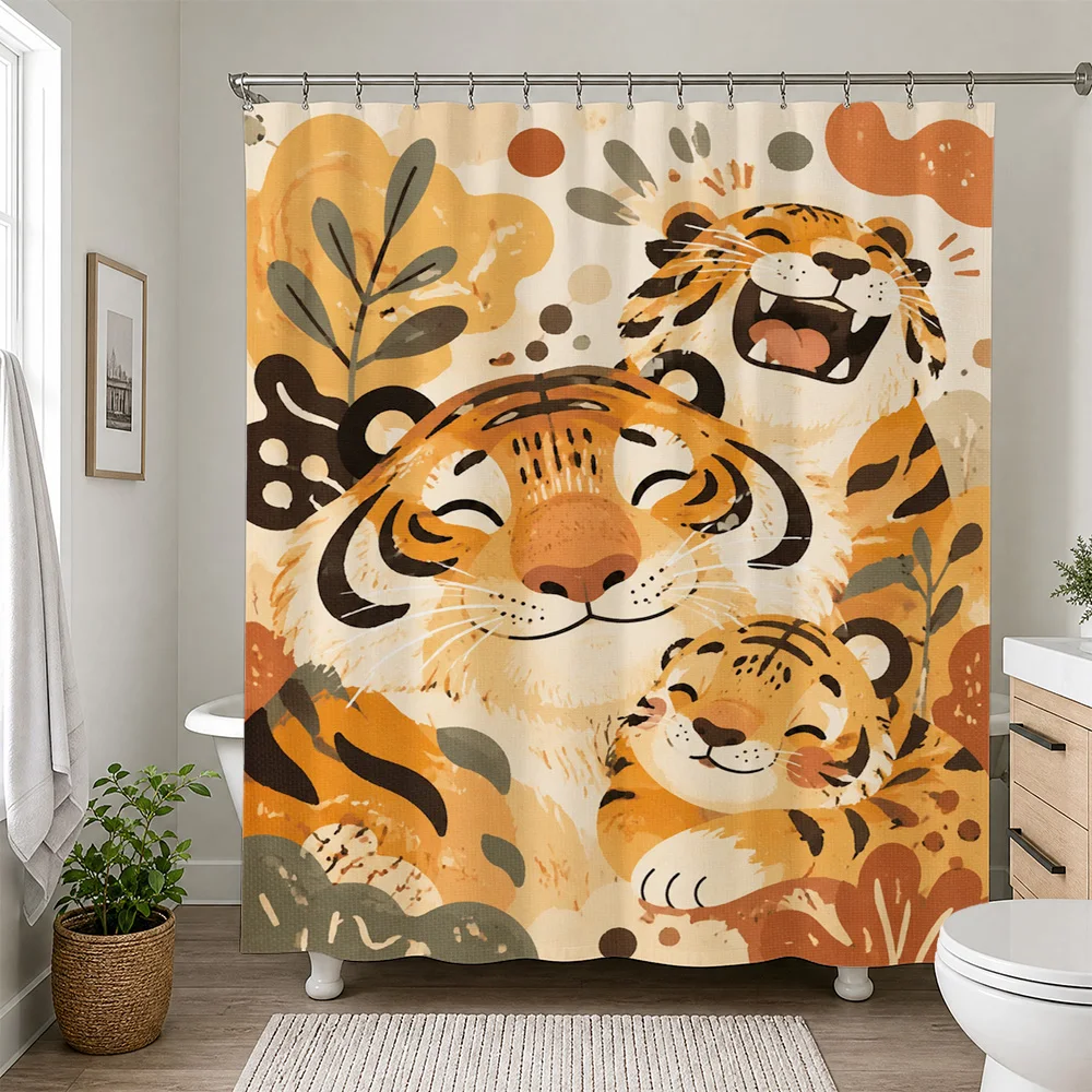 Cute Tiger Family Shower Curtain Bathroom Decor Jungle Animal Print Waterproof Shower Curtain Liner