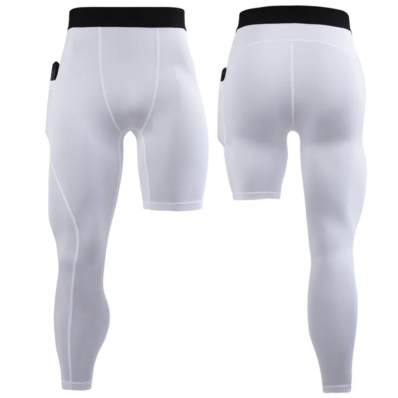 Summer Spring Autumn Men Running Tights GYM Pocket Pants Basketball Football Soccer Fitness Exercise Sport One Leg Long Leggings