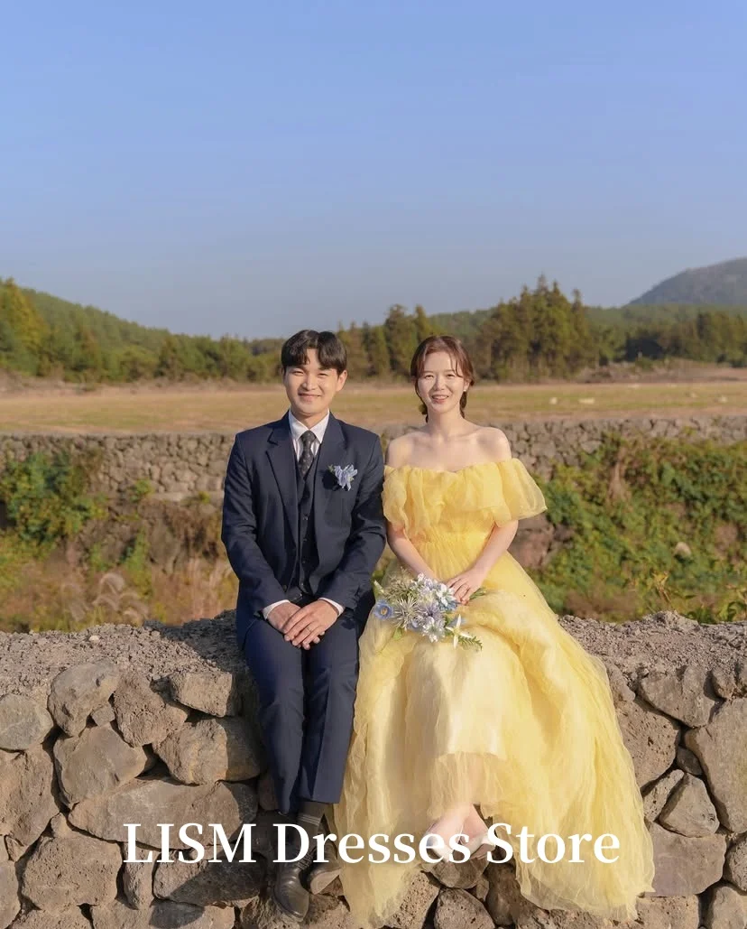 LISM Abiti da sposa semplici a-line coreani Servizio fotografico Tulle Abiti da sera lunghi fino al pavimento con colletto a una lineaCorsetti personalizzati