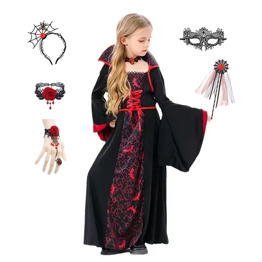 Kids Royal Vampire Queen Costume Retro Black Red Long Robe Girls Gothic Dress Halloween Street Parade Villain Role Play Outfit