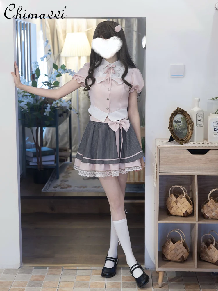 

Original College Fake Two-piece Retro Shirt Contrasting Color Skirt Set Summer New Fashion Short-sleeved Top Skirt Sweet Outfits