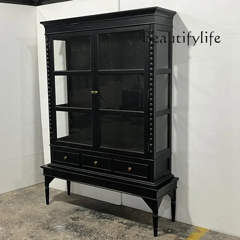 

B Medieval Black Display Boutique Display Cabinet Three-layer Double-door Glass Cabinet Solid Wood Antique Cabinet