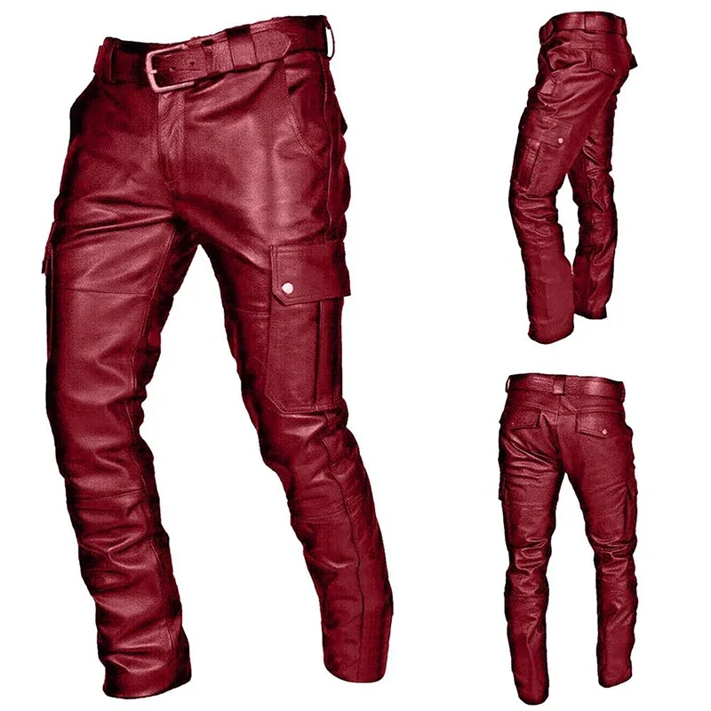 

2023 Explosive Men's Pocket Punk Retro Goth Leather Pants Casual PU Leather Pants Men Clothing No Belt Big Size S-5XL