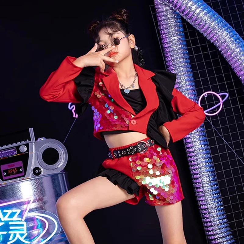 Girls Stage Costume Sequins Dancing Outfit Kpop Clothing Red Concert Performance Suit Jacket Shorts Cheerleading Wear DL11324