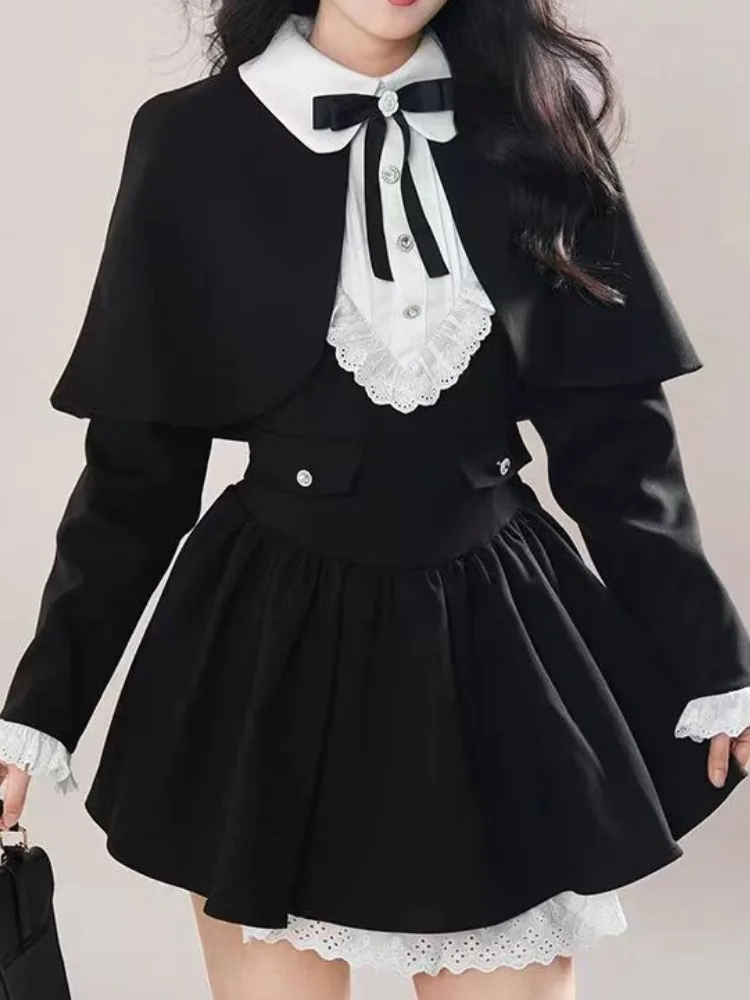 

Ретро корейский крой комплекты платьев женский с длинными рукавами готический Y2k плащ пальто кружевное лоскутное платье Лолита модный элегантный комплект с бантом из 2 предметов