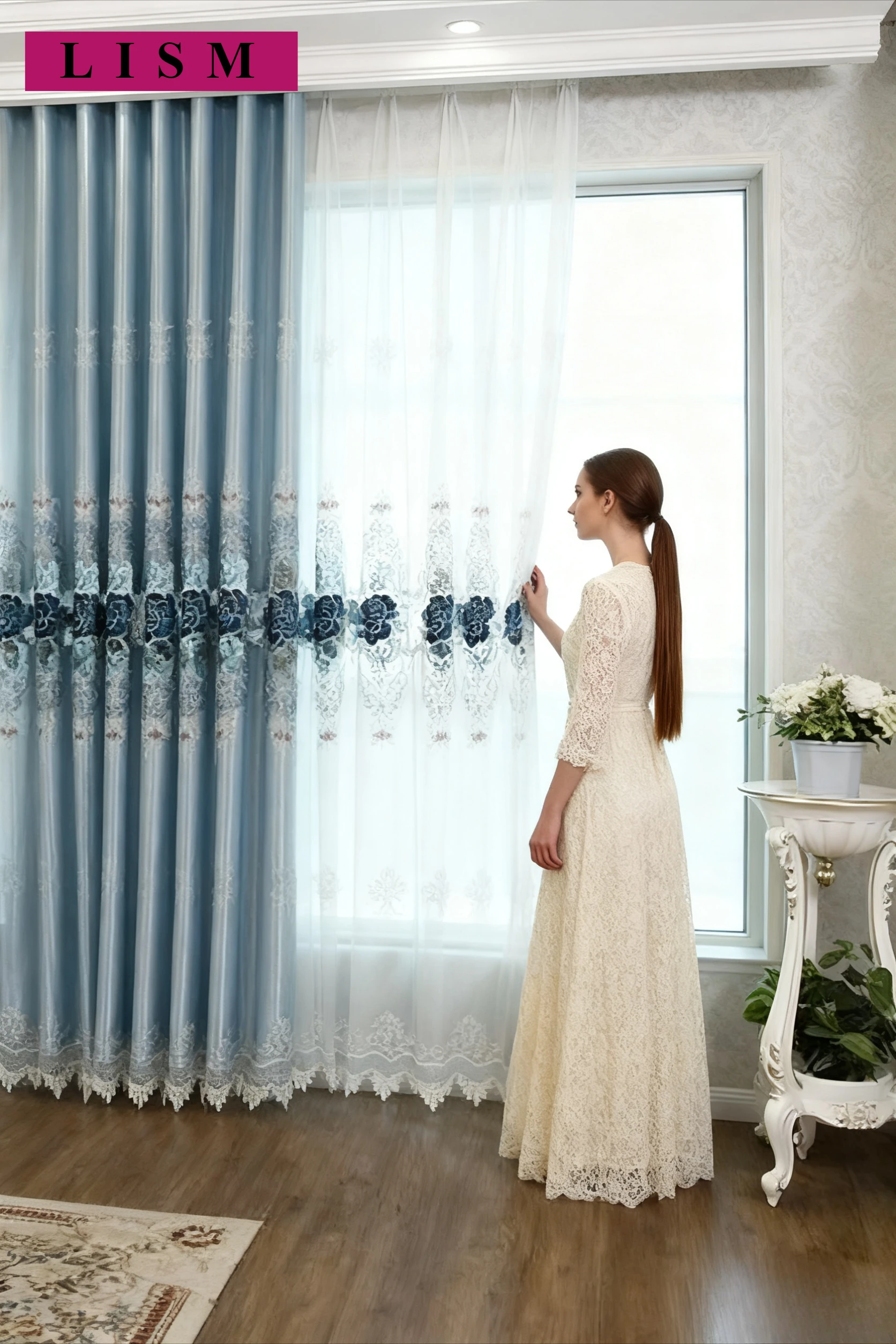 

European Luxury Hollow Embroidery Curtain for Living Room Bedroom Blackout Elegant Decor Gray Lace Valance Custom Jacquard Tulle