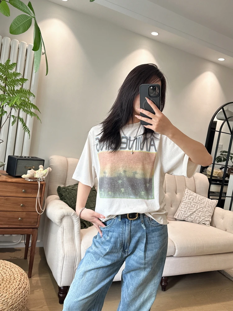 

YN California Ретро Waed Льняная хлопковая футболка ort Sve Свободный крой Женская круглая футболка с радужным буквенным принтом