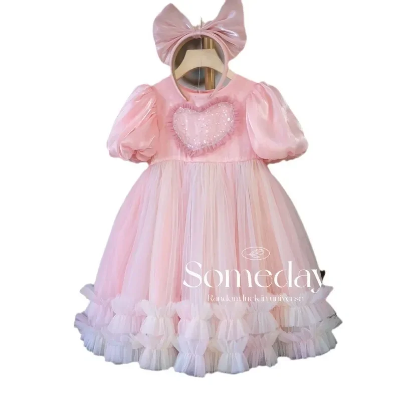 Kids Dress 2024 Spring and Summer Girls Party Dress Pink Princess Toddler Girl Dress 3-8 T New Short sleeves Cotto