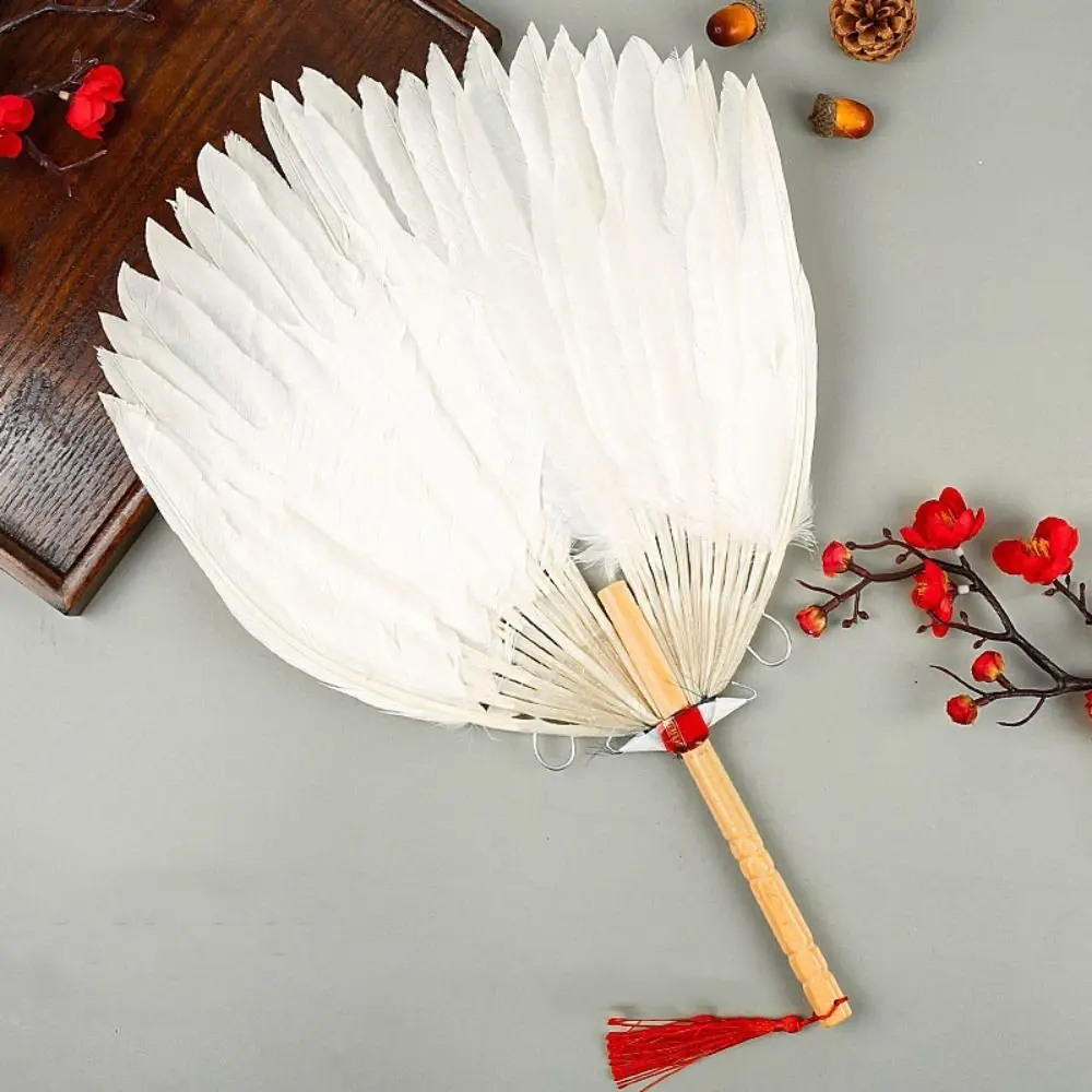

Dance Fan Chinese Style Goose Feather Fan Vintage Lightweight Hand Fan Handhold Long Handle Tea Fan Summer