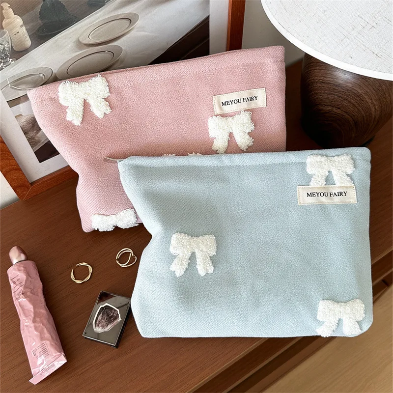 Twill Fabric Towel Embroidery 3D Bow Handheld Pouch, Makeup Storage Bag for Women, Cute Cosmetic Organizer