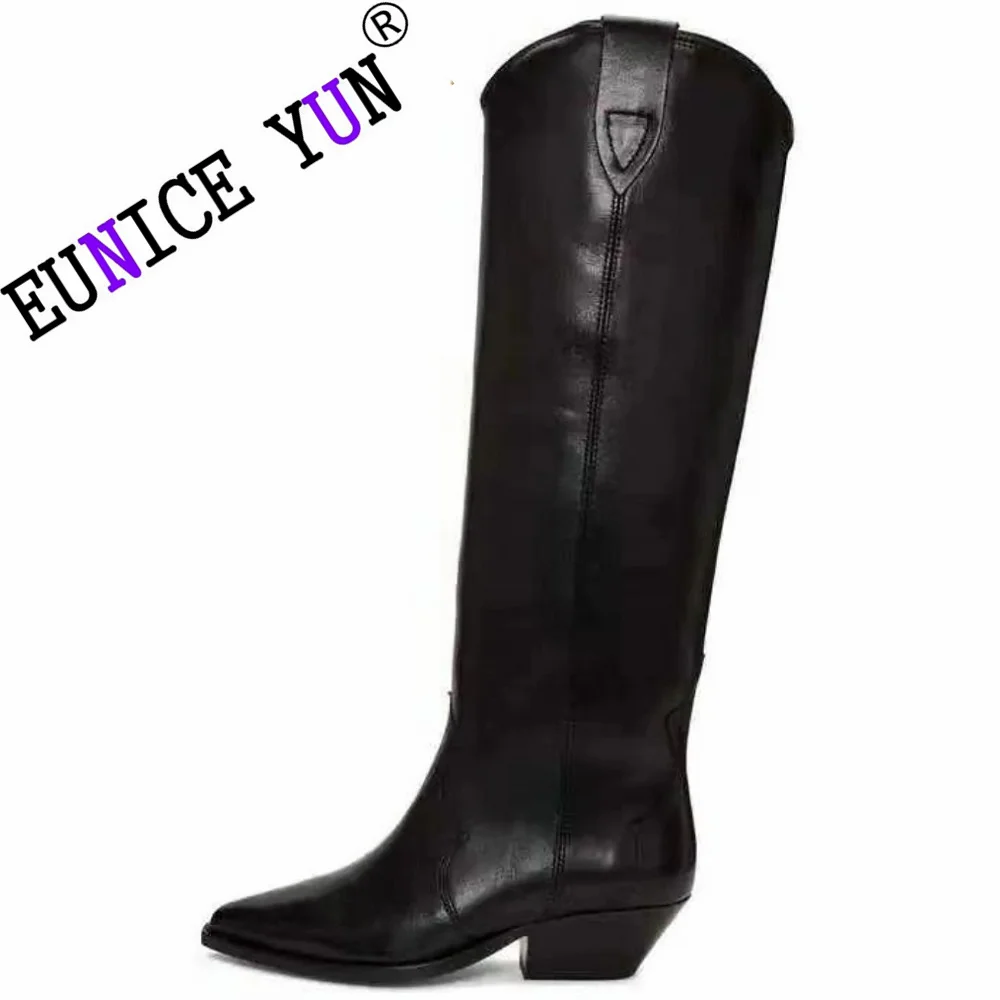 【EUNICE YUN】Brand Genuine Leather Women Riding Retro Slip-on Chunky Heel Knee High Boots Pointed Toe Autumn Ladies Motarcycle 44