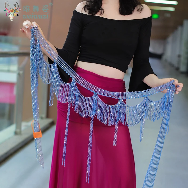 Belly Dance Fringe Belt Women Advanced Luxury AB Bright Diamond Wave Tassel Hip Scarf Adult Oriental Dance Practice Accessories