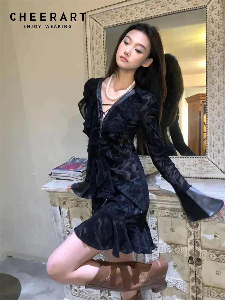 CHEERART Y2k Fashion Bandage Leather Patchwork Long Sleeve Dress Fall Clothes 2024 Women Flare Sleeve Ruffles Mini Ladies Dress