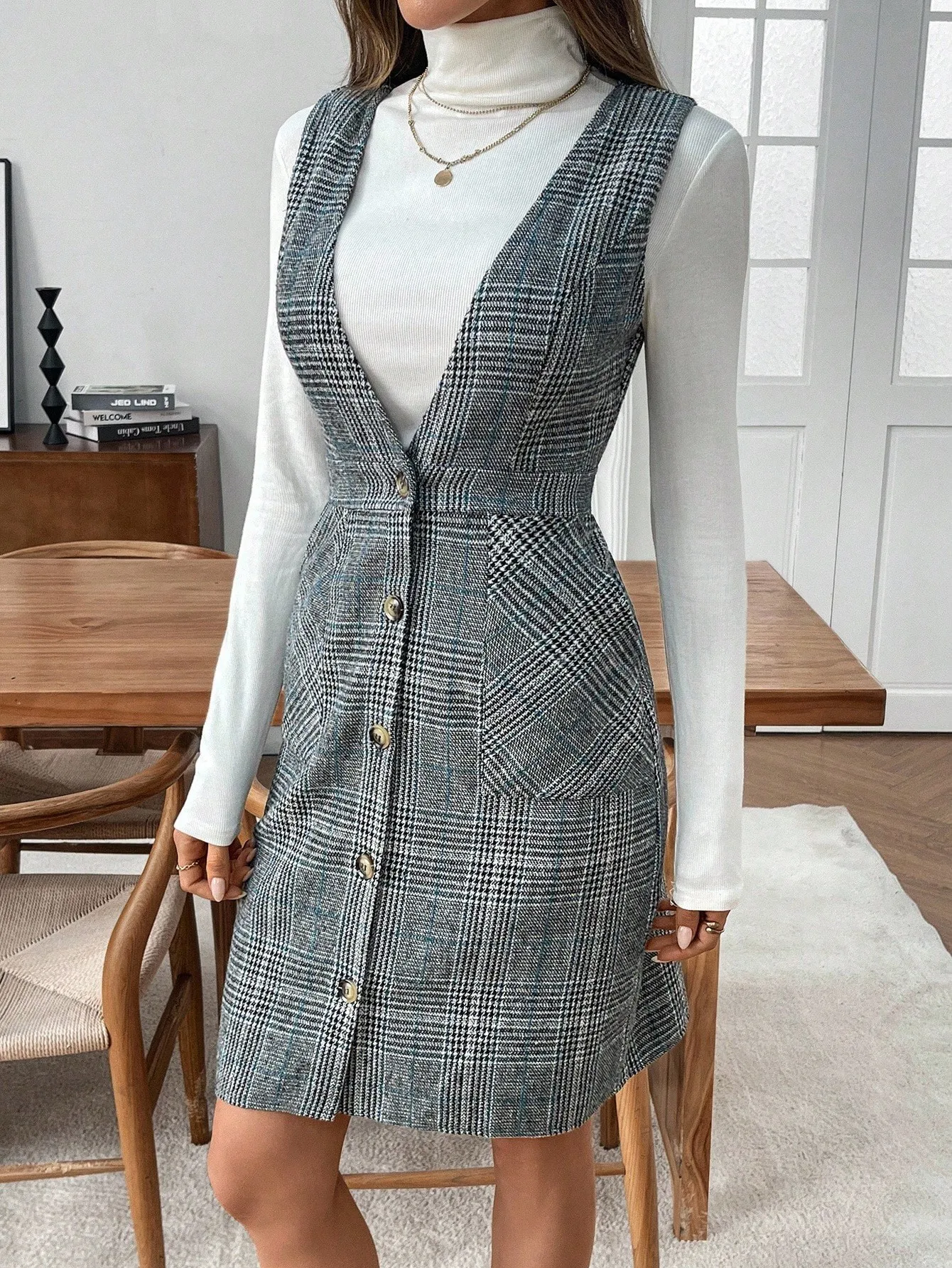 Ladies Elegant Autumn Winter Plaid V-Neck Woolen Coat Dress Classy Skirt Suit Outerwear for Women