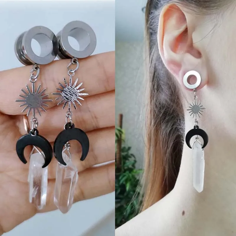 Bouchons de Tunnel d'oreille Dangle en acier inoxydable, 2 pièces, jauges d'oreille, Piercing d'oreille en cristal naturel, bijoux de corps bohémiens, expanseurs Oreja