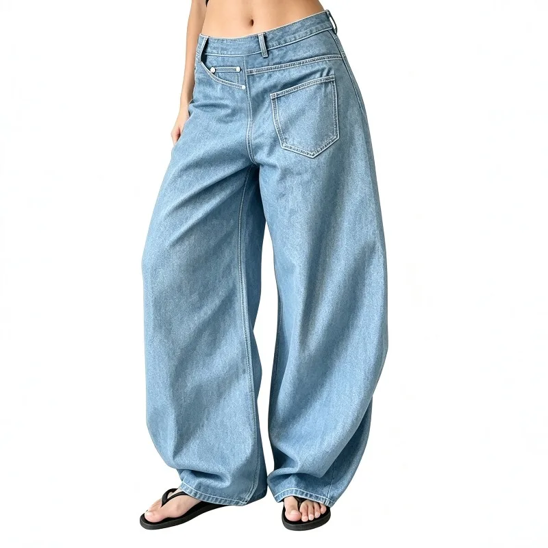 High Waist Wide Leg Jeans Asymmetric Fly Curved Loose Draped Denim Trousers For Women