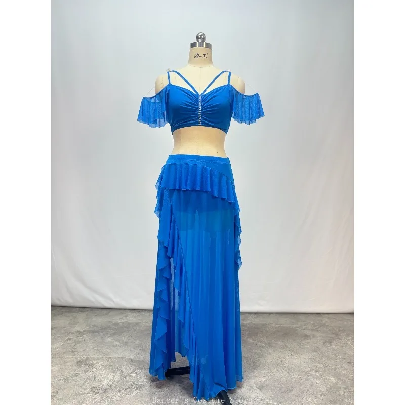 تخصيص بدلة الرقص الشرقي ممارسة DressHot الماس غزل الماء الدانتيل فستان طويل الإحساس أداء فستان مجموعة للنساء 2 قطعة