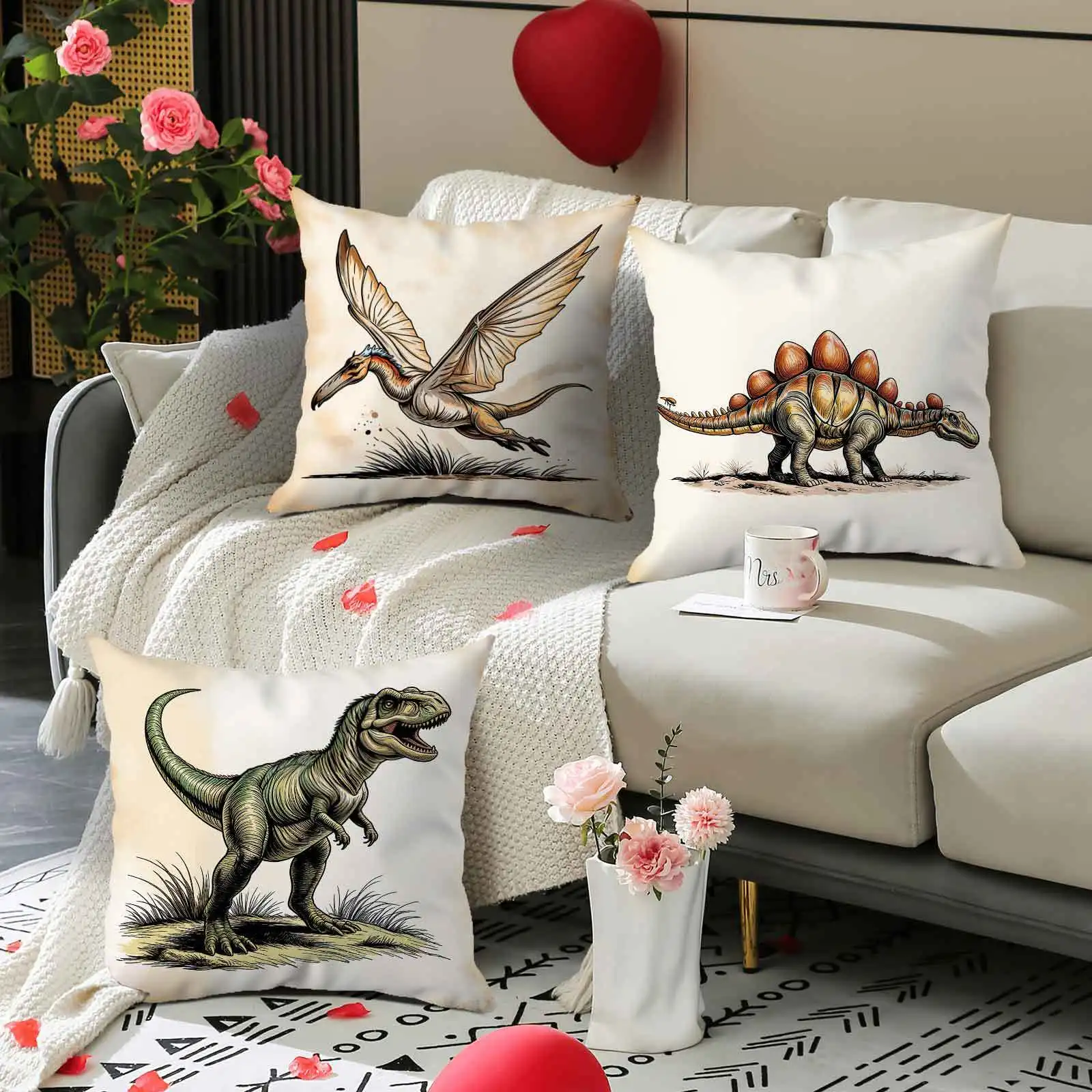 Dinosaur Pillow Covers Set of 4 Jurassic Prehistoric Animal Art Cushion Case for Home Decor Cartoon Dino Throw Pillow Jungle Sty