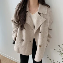 Temperament Suit Collar Woolen Coat  Women Chic Autumn/Winter Double Breasted Casual Loose Versatile Long sleeved Warm Jacket